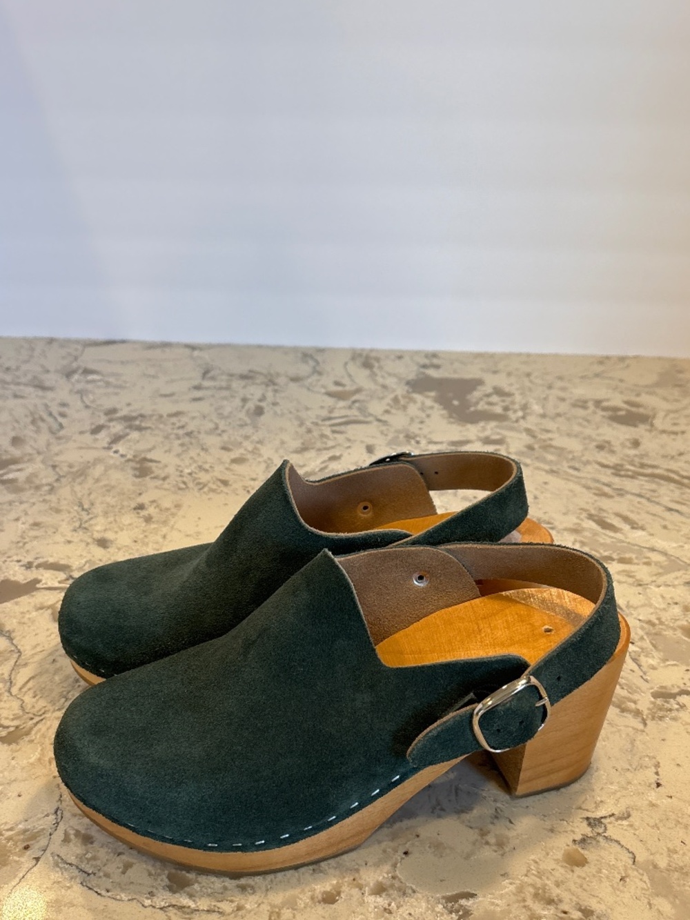 Dark Green Suede Slingback Wooden Block Heel Clogs Kulikstyle 38